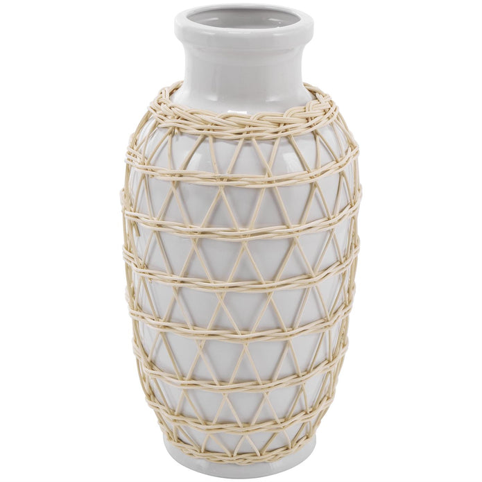 White Ceramic Handmade Decorative Vase with Woven Rattan Exterior