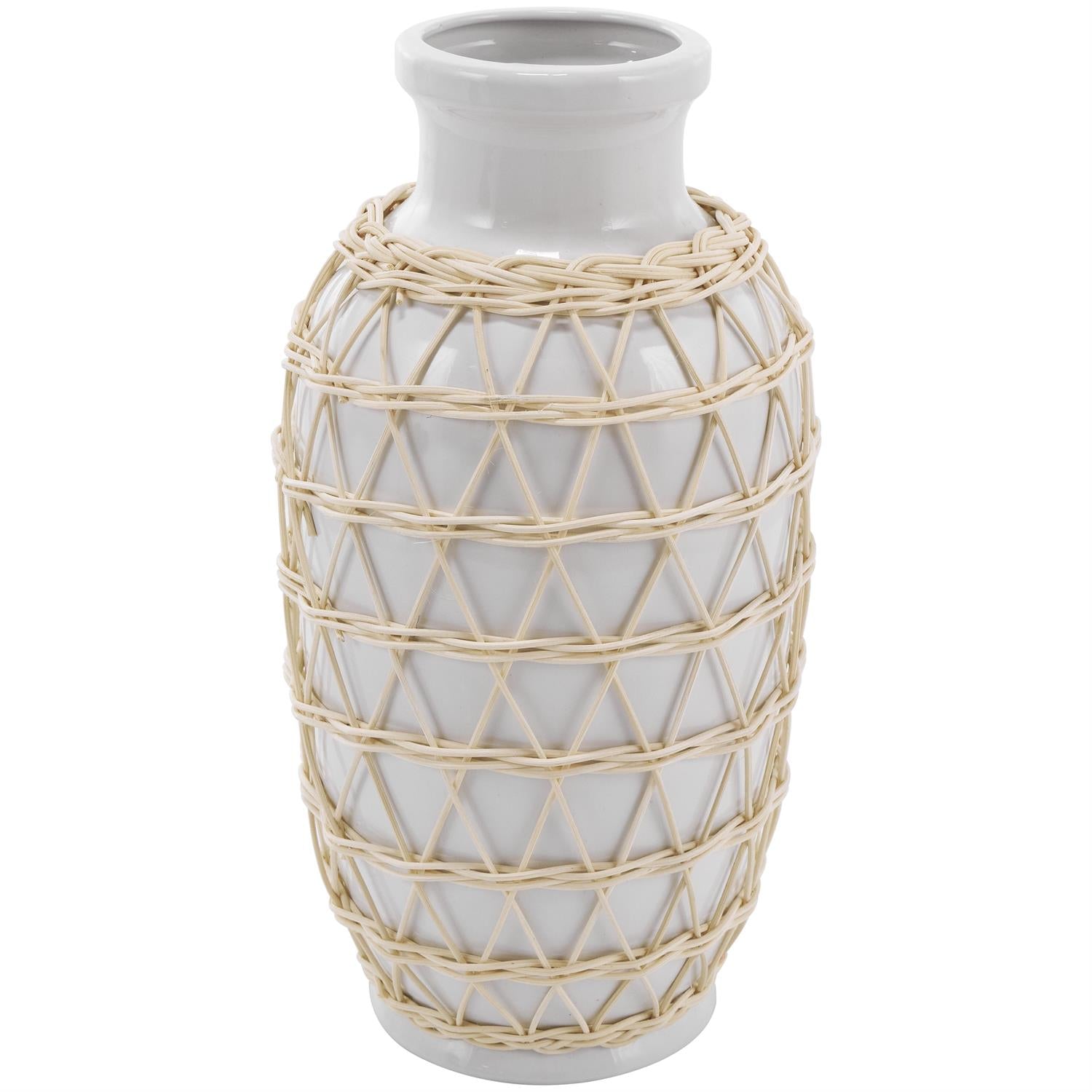 White Ceramic Handmade Decorative Vase with Woven Rattan Exterior