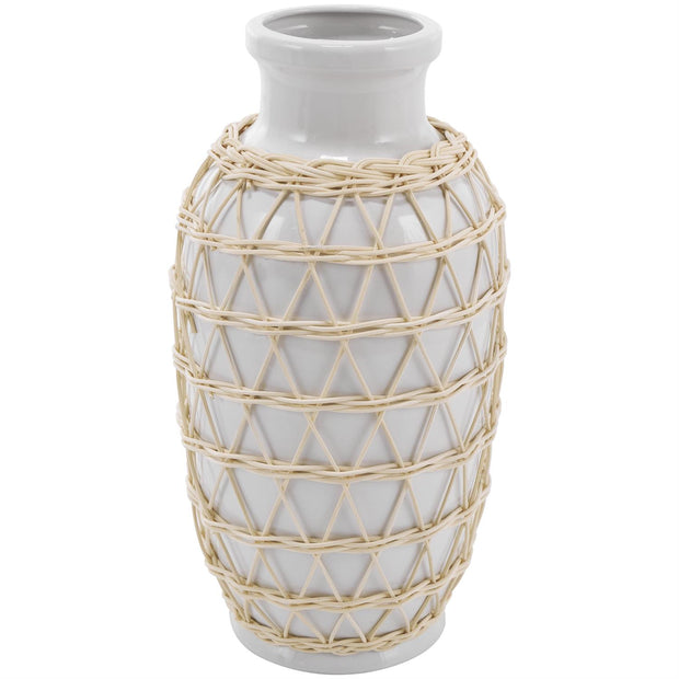 White Ceramic Handmade Decorative Vase with Woven Rattan Exterior