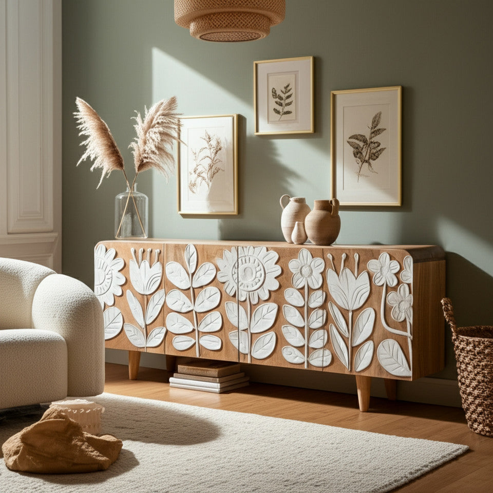 Flower Field Applique Cabinet, Natural/White