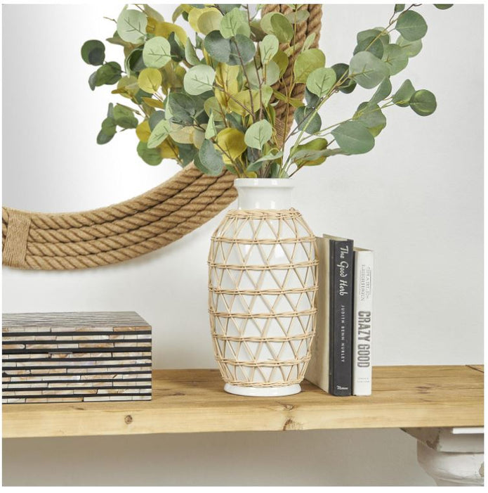 White Ceramic Handmade Decorative Vase with Woven Rattan Exterior