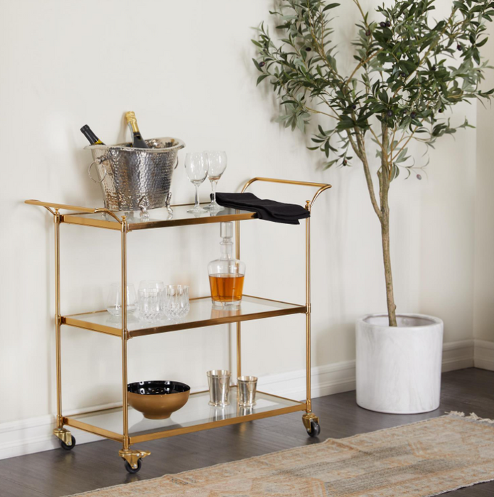 Brass Metal Rolling 3-Shelf Home Bar Cart