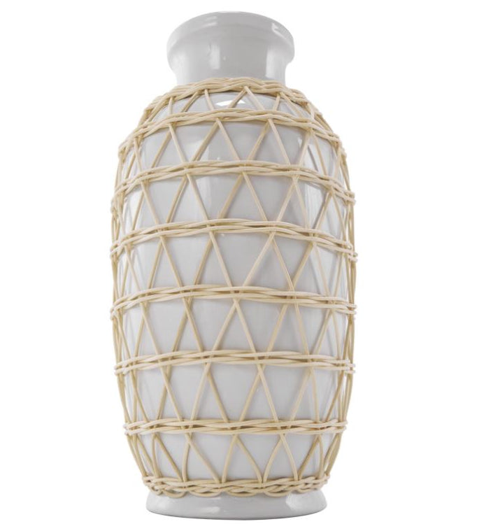 White Ceramic Handmade Decorative Vase with Woven Rattan Exterior