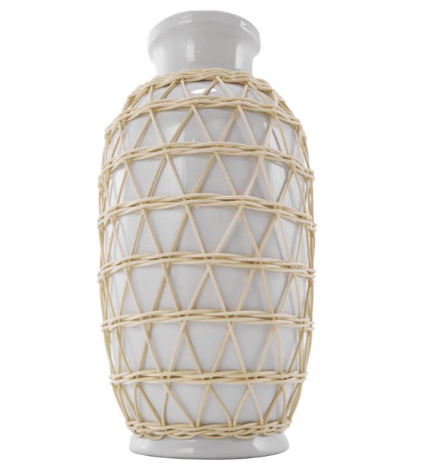 White Ceramic Handmade Decorative Vase with Woven Rattan Exterior