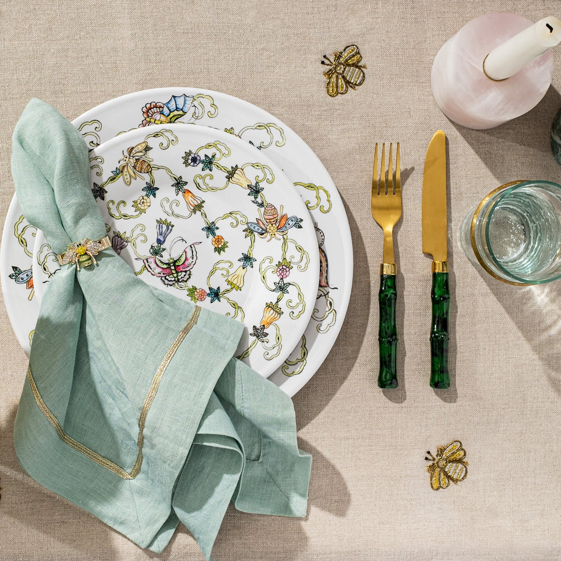 Skinny Stripey Bee Napkin Rings Green S/4