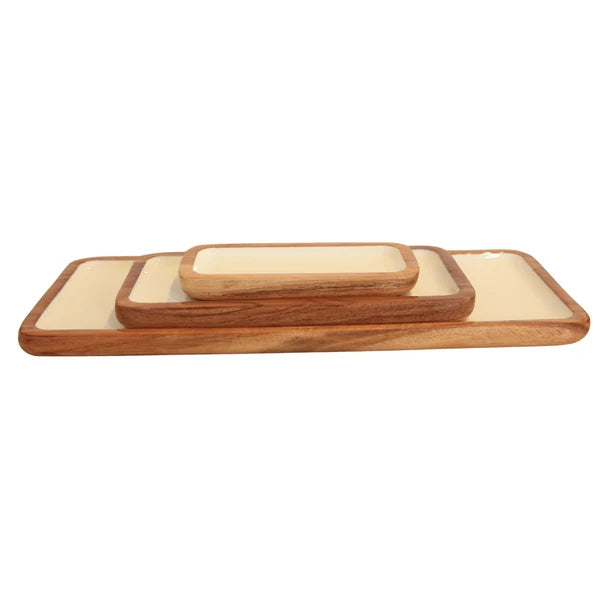 Acacia & Enamel Tray Set