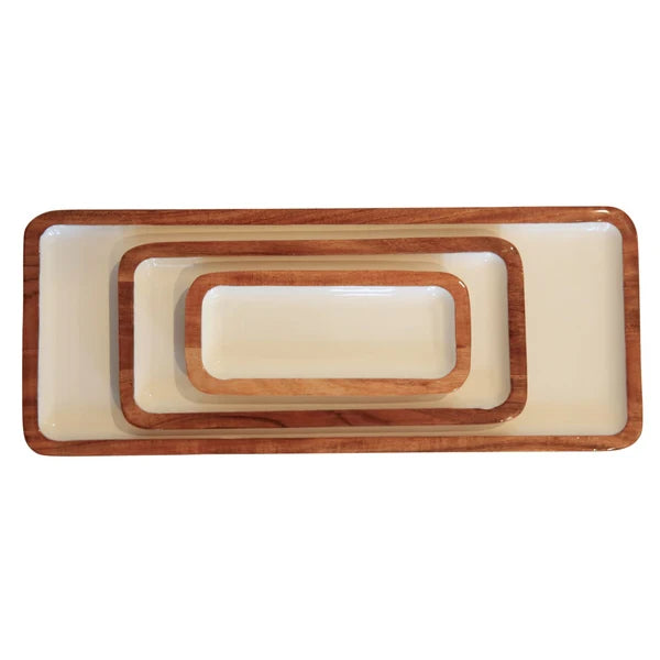 Acacia & Enamel Tray Set