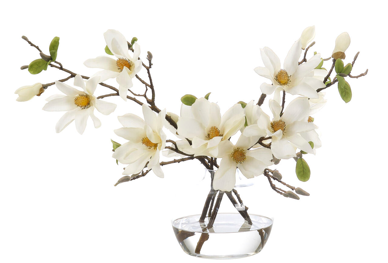 White Real Touch Magnolia Faux Arrangement in Glass