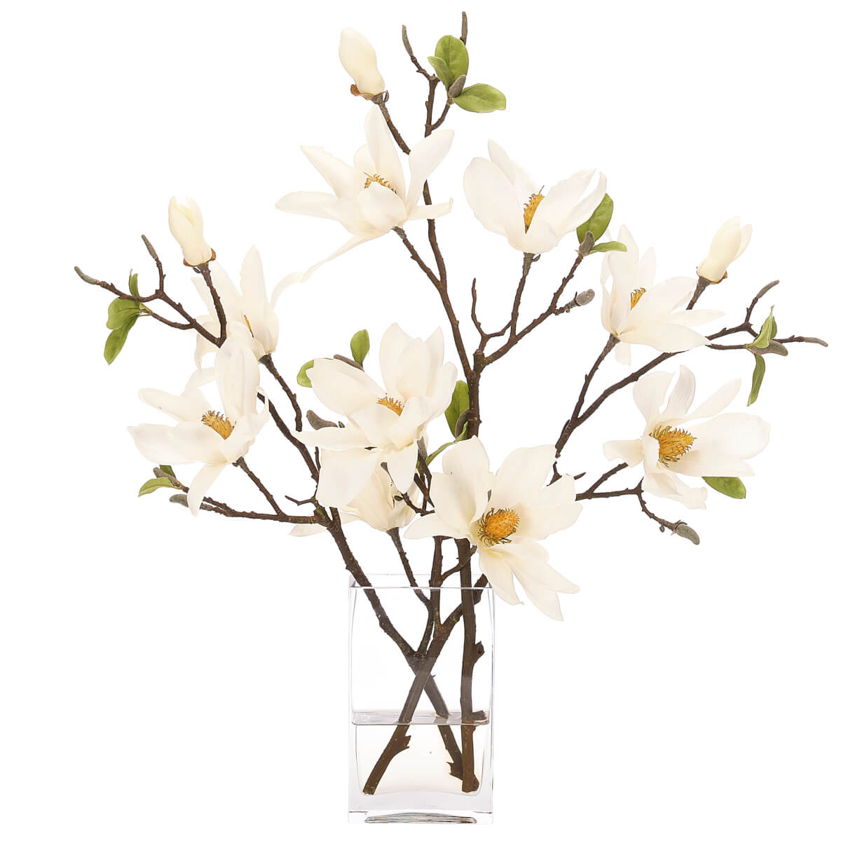 White Magnolia Flower Faux Arrangement in Glass