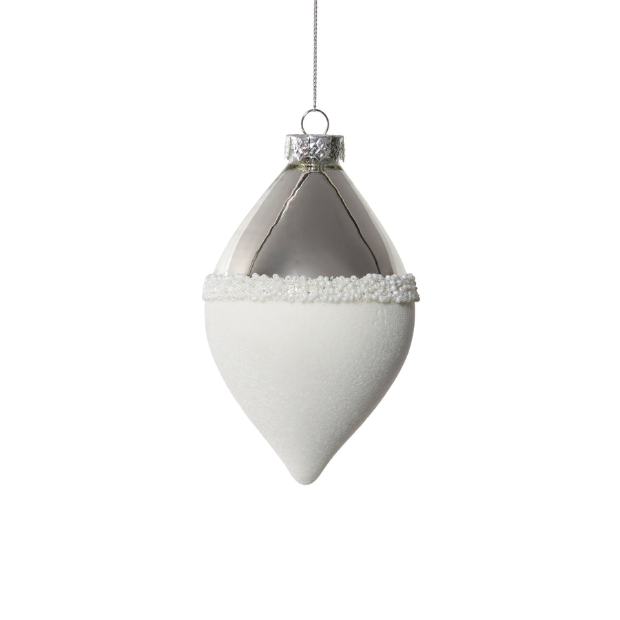 Silver and White Teardrop Glass Ornament
