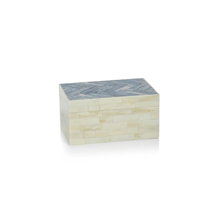 White Bone Box with Blue Herringbone Pattern