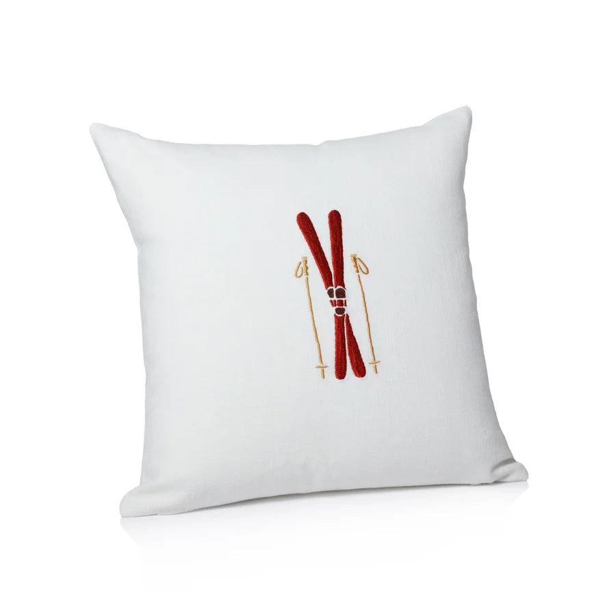 Ski Mountain Cotton Embroidered Throw Pillow - Skis & Poles
