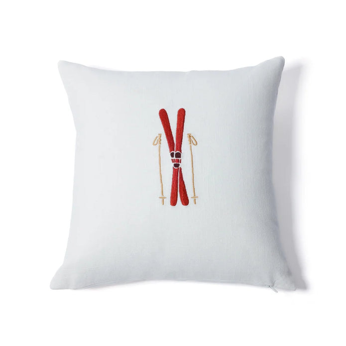 Ski Mountain Cotton Embroidered Throw Pillow - Skis & Poles