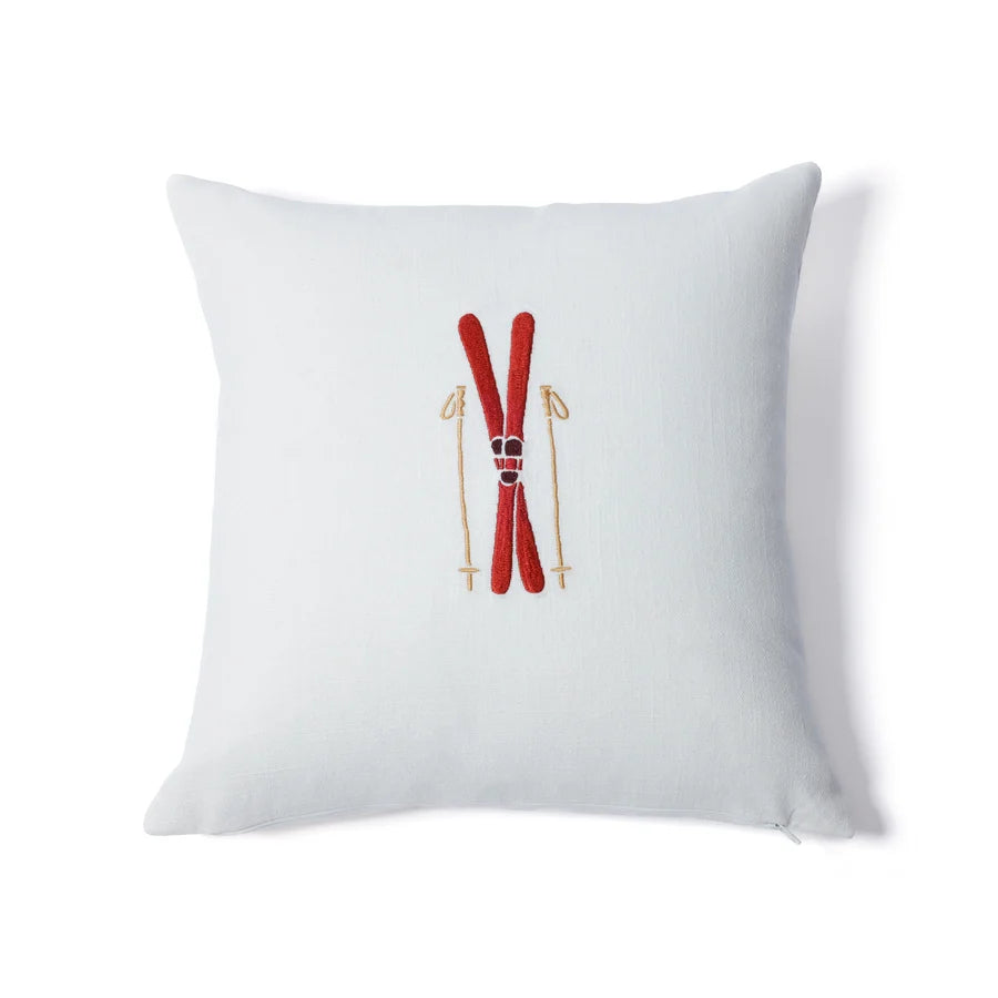 Ski Mountain Cotton Embroidered Throw Pillow - Skis & Poles