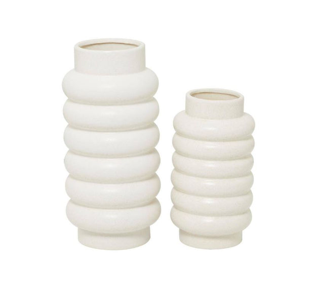 White Ceramic Vase with Stacked Ribbing