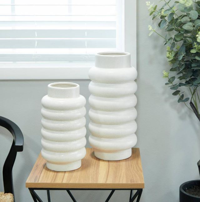 White Ceramic Vase with Stacked Ribbing