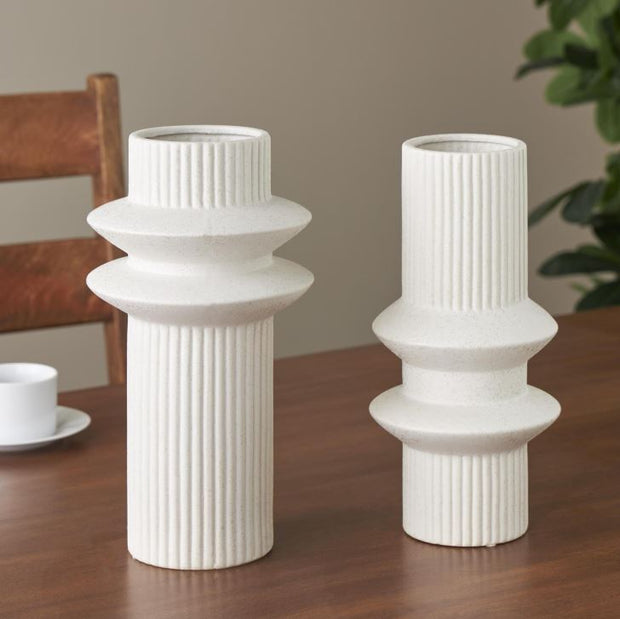 White Ceramic Abstract Ribbed Decorative Vase