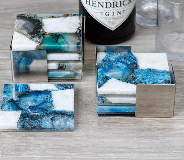 Agate Coasters With Metal Tray