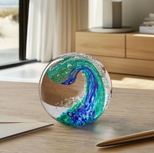 Blue Wave Glass Ball Paperweight