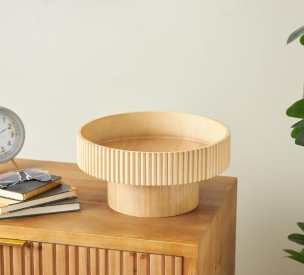 Ribbed Light Brown Wood Bowl