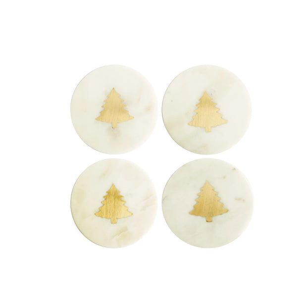 Marble Coasters with Brass Tree Inlay (Set of 4)